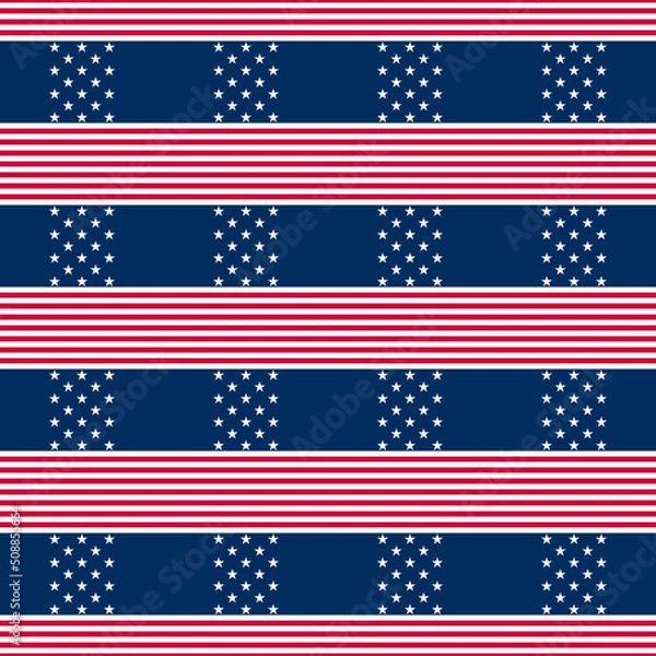 Fototapeta Abstract seamless vector pattern with horizontal stripes and little white five pointed stars on blue. Independence Day geometric background suitable for prints, decoration, wallpaper and fabrics.