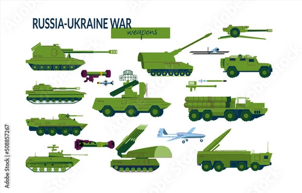 Fototapeta A set of elements for infographics land military equipment involved in the Russian-Ukrainian war. Tanks, air defense systems, howitzers, S300. Vector illustration isolated on a white background.