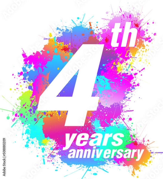 Fototapeta Logo design for 4th years anniversary. Colorful paint drops ink splashes, Icon, Symbol. Vector illustration.