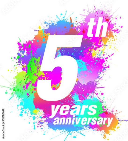 Fototapeta Logo design for 5th years anniversary. Colorful paint drops ink splashes, Icon, Symbol. Vector illustration.