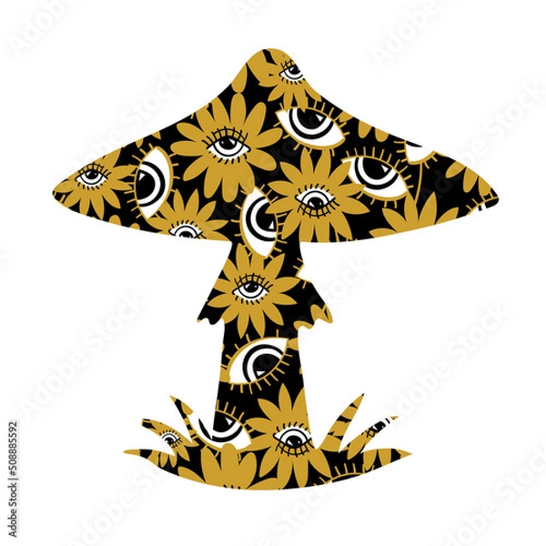 Fototapeta Mushroom silhouette with psychedelic pattern. Fly agaric with a pattern of plants and eyes. The concept of microdosing, drug addiction, treatment with psilocybin mushrooms. Flat vector illustration
