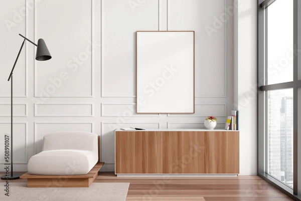 Fototapeta Stylish chill interior with armchair and sideboard, window and mockup frame