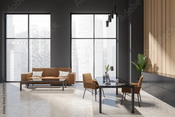 Fototapeta Grey office interior with seats and desk, couch and panoramic window
