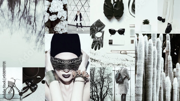 Obraz Set of trendy aesthetic photo collages. Minimalistic images of one top color. Fashion white moodboard