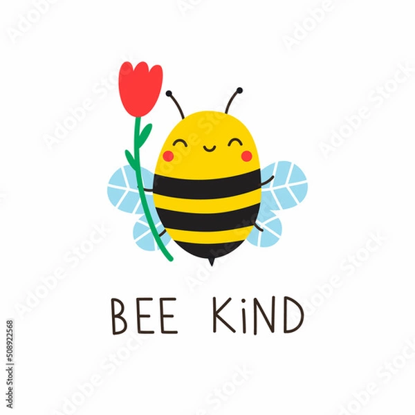 Fototapeta Cute bee with flower and lettering BEE KIND. Vector illustration