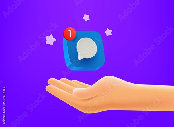 Fototapeta New message concept. Hand with chat app button. 3d vector mobile application icon with notification