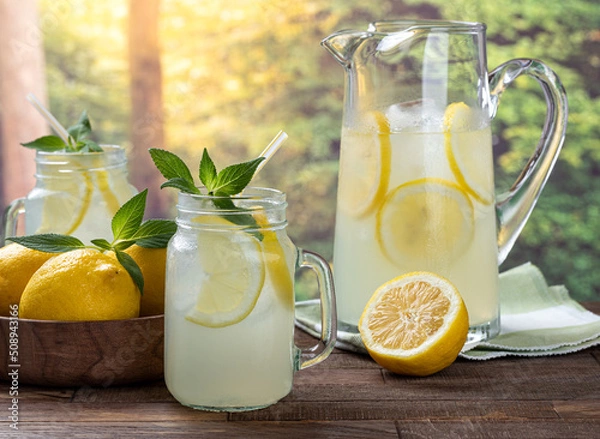 Fototapeta Glass of lemonade with lemon slices and mint