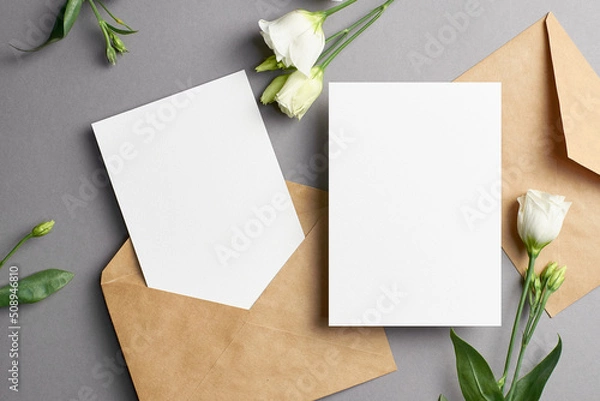 Fototapeta Botanical invitation card mockup with front and back sides, eustoma flowers decorations