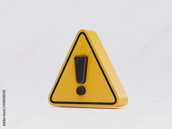 Fototapeta Isolate of realistic yellow triangle caution warning sing on white background for attention exclamation mark traffic sign by 3d render illustration.