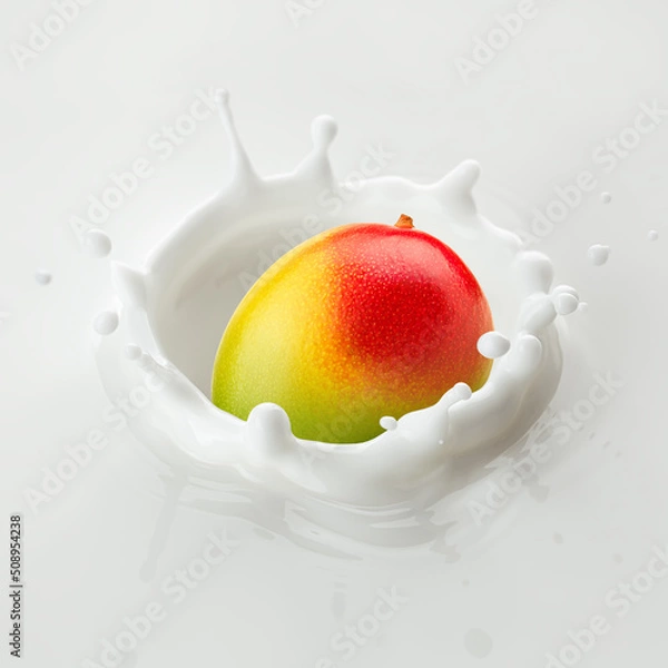 Fototapeta Mango falls into milk, yoghurt, sour cream, Splash