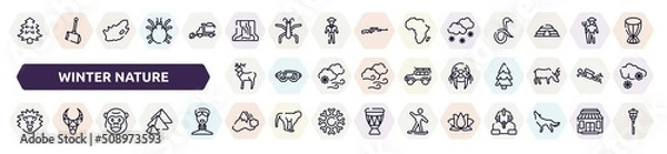 Fototapeta winter nature outline icons set. thin line icons such as pine tree, waterfall, snowy, reindeer, walrus, hedgehog, gorilla, avalanche, lotus icon.