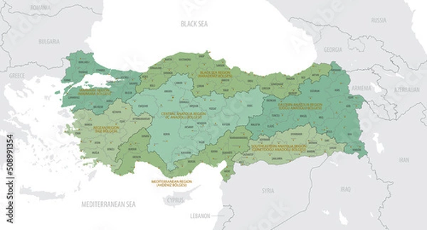 Obraz Detailed map of Turkey with administrative divisions into Districts and Provinces, major cities of the country, vector illustration onwhite background