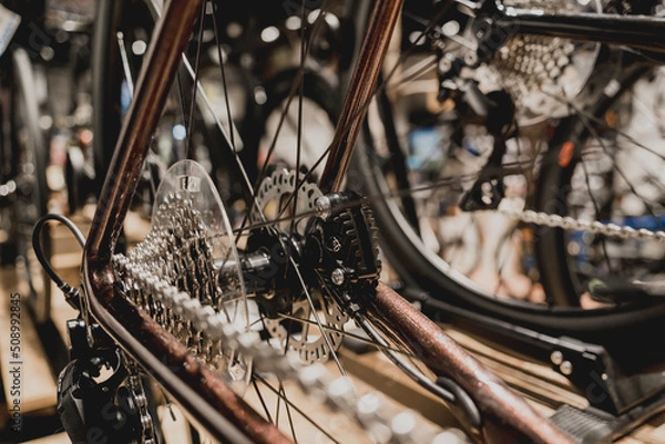 Fototapeta Photo of new gears and chains of mountain bicycle
