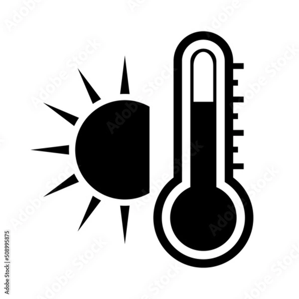 Fototapeta High temperature icon. Vector illustration of sun and thermometer. Summer concept. Very hot and scorching. Heat wave pictogram  isolated on background.