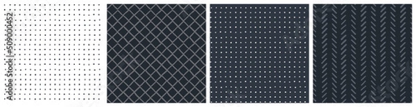 Obraz Dark geometric masculine seamless pattern set. Classical with modern twist herringbone, dot grid and diamond patterns. Vector background collection in neutral grey, charcoal black and white colors