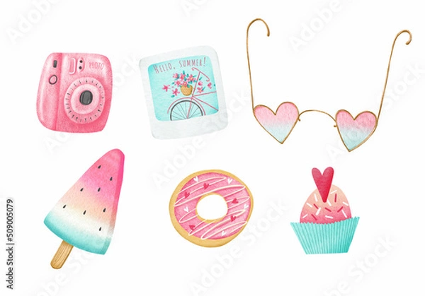 Fototapeta Cute watercolor summer set. Camera, photo, donut, sunglasses in the shape of hearts, ice cream, cupcakes on a white background. Stock illustration.