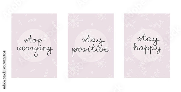 Obraz A set of cute positives with simple patterns and hand lettering. Life-affirming lettering. Vector illustration. Elegant greeting card with handwritten typography, pastel color postcard