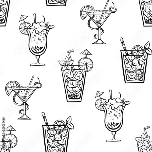 Obraz beach drinks. seamless pattern with cocktails. linear drawing. line graphics on a white background.