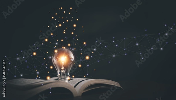 Fototapeta Glowing light bulb on a book, Inspiring from read concept, Educational knowledge and business education ideas, Innovations, self-learning, knowledge and searching for new ideas. Thinking for new idea.
