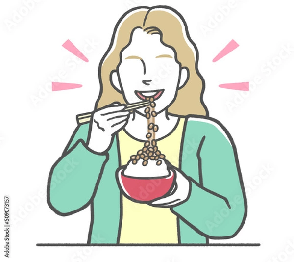 Fototapeta 日本食の納豆が好きで、美味しそうに食べる外国人女性