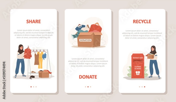 Fototapeta Donation clothes. Arabic volunteers women share and recycle used clothes. Vector cartoon illustration. Set of mobile banners. Garbage sorting. Zero waste and eco friendly concept. Humanitarian help.