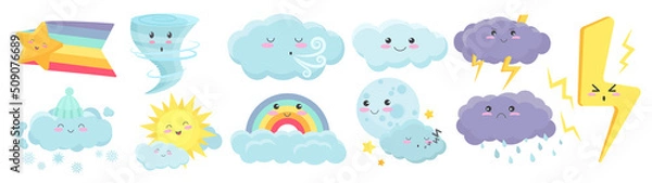 Obraz Cute weather elements, baby meteorology set vector illustration. Cartoon kawaii rain cloud characters with sleepy or funny face, summer colorful rainbow, lightning, star and moon isolated on white