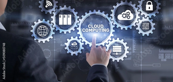 Fototapeta Cloud computing data storage software infrastructure. Mixed media