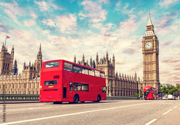 Obraz Red bus on Westminster bridge next to Big Ben in London, the UK.