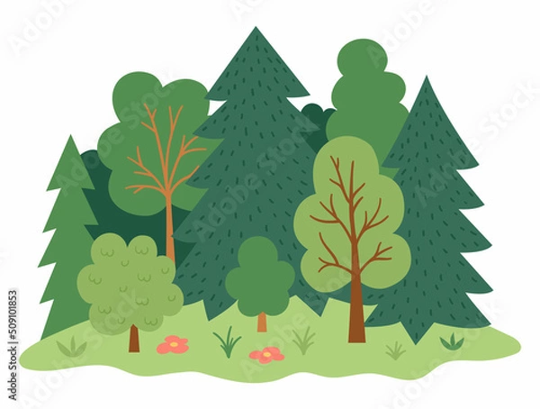 Obraz Vector forest landscape. Environment friendly concept with trees, flowers and bushes. Ecological or outdoor camping illustration. Cute earth day scene with plants.