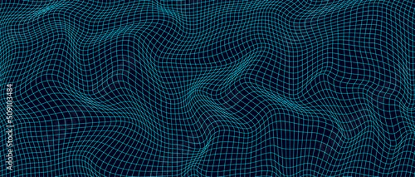Fototapeta Abstract wavy 3d mesh on a blue background. Geometric dynamic wave. 3D technology wireframe. Vector illustration.