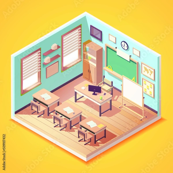 Obraz isometric lovely empty classroom interior, school or college class