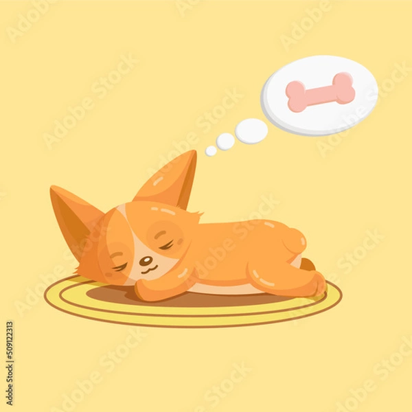 Fototapeta A corgi sleeps on a rug and dreams about a bone or something tasty, yellow background