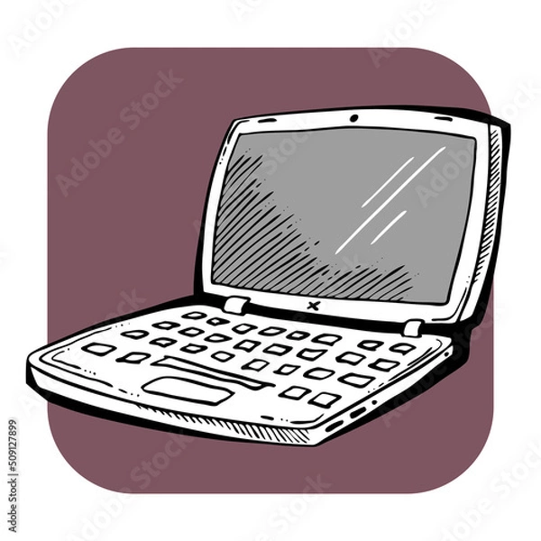 Fototapeta Laptop, open pc computer for remote work at home office, business or study. Modern internet technology. Hand drawn  retro vintage isolated illustration. Old style comic cartoon line art drawing.