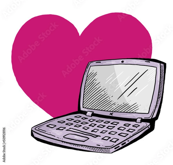 Fototapeta Laptop computer with heart for remote work at home office or romantic dating platform. Line art retro vintage hand drawn isolated colourful illustration. Cartoon style drawing.