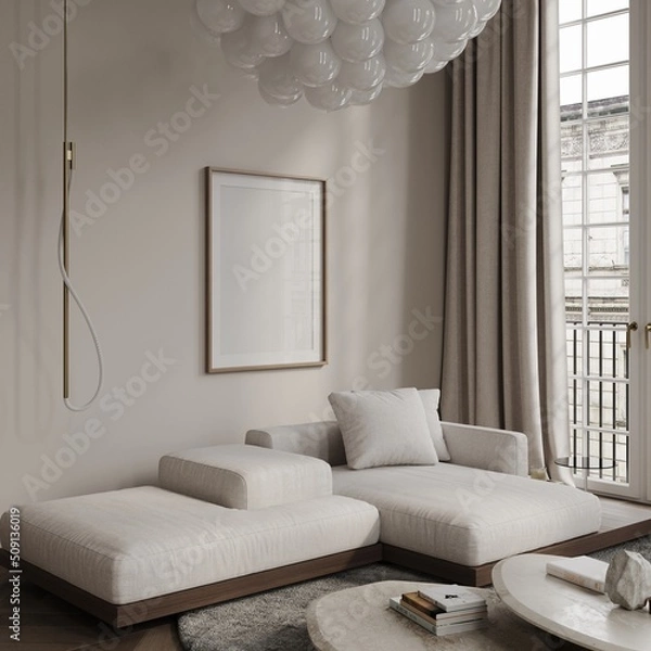 Fototapeta Beige living room in classical style interior mockup 3d render with picture frame