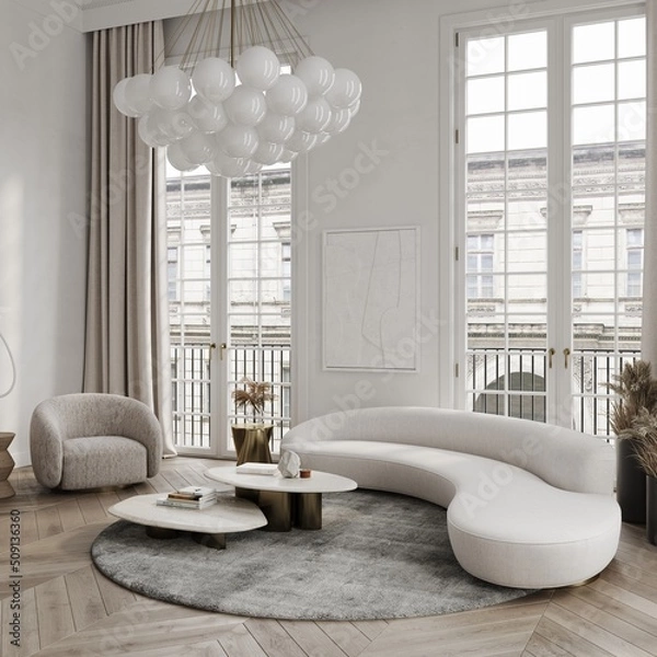 Fototapeta White living room in classical style interior mockup 3d render with large windows and view to classic building