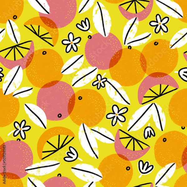 Fototapeta Sunny grapefruits on yellow background, pattern illustration