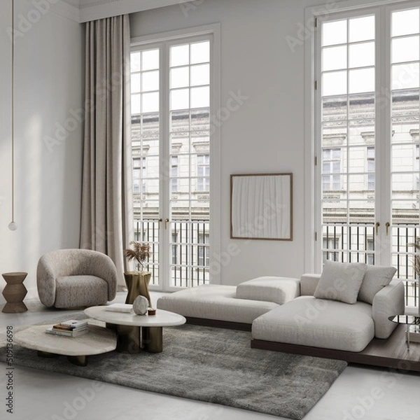 Fototapeta White living room in classical style interior mockup 3d render with large windows and view to classic building