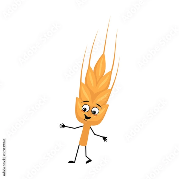 Fototapeta Cute ear of wheat character with joyful emotions, happy face, smile eyes, arms and legs. Healthy cereal with funny expression and posture, vitamin rich food. Vector flat illustration