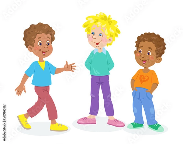 Fototapeta Three curly-haired boys are talking. In cartoon style. Isolated on white background. Vector illustration.
