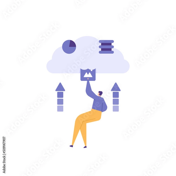 Obraz data input, file upload, cloud and online storage, data entry. a man backs up data or files to online storage. backup, database, server. flat cartoon illustration. concept design. landing page