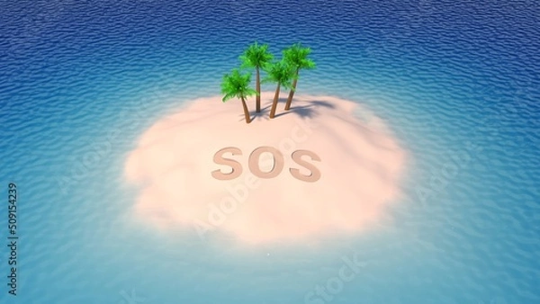 Fototapeta SOS sign written in sand of tropical island beach above water. 3D-rendering.