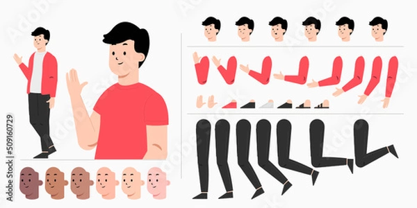 Obraz Young man character creation kit design for animation. City casual cartoon male flat vector design.