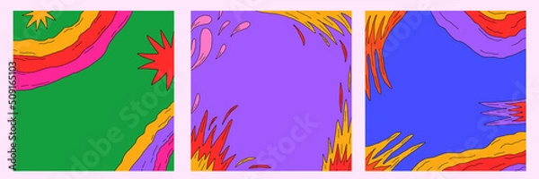 Fototapeta set of abstract background cards-psychedelic 1970 good vibes.Square retro templates for social media.Text box funky 70s with fire, stars, rainbow.Hippie vintage frames.groovy wallpaper with shapes	