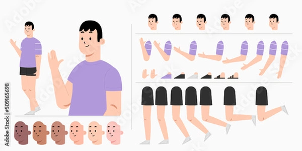 Obraz Young man character creation kit design for animation. City casual cartoon male flat vector design.