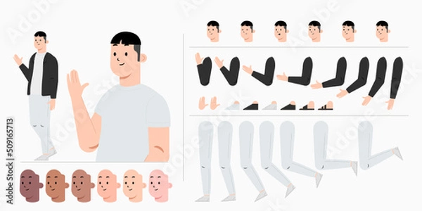 Obraz Young man character creation kit design for animation. City casual cartoon male flat vector design.
