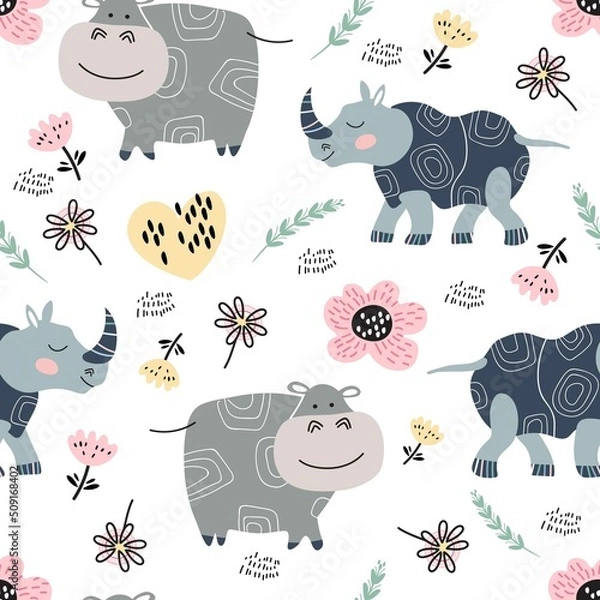 Fototapeta Hippos, rhinos and flowers. Seamless pattern with animals and flowers.