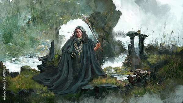 Fototapeta Cyfrowe malarstwo kobiecego maga bojowego chroniącego jej terytorium bagienne przed najeźdźcami - fantasy ilustracja