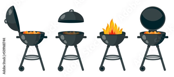 Fototapeta Black bbq grill isolated.  Set of different braziers with hot coals, lid, fire, charcoal. Vector cartoon illustration for barbeque card design, poster, holiday template, summer picnic