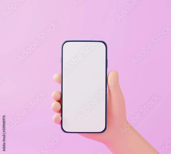 Fototapeta 3D cartoon hand holding smartphone, 3D render illustration